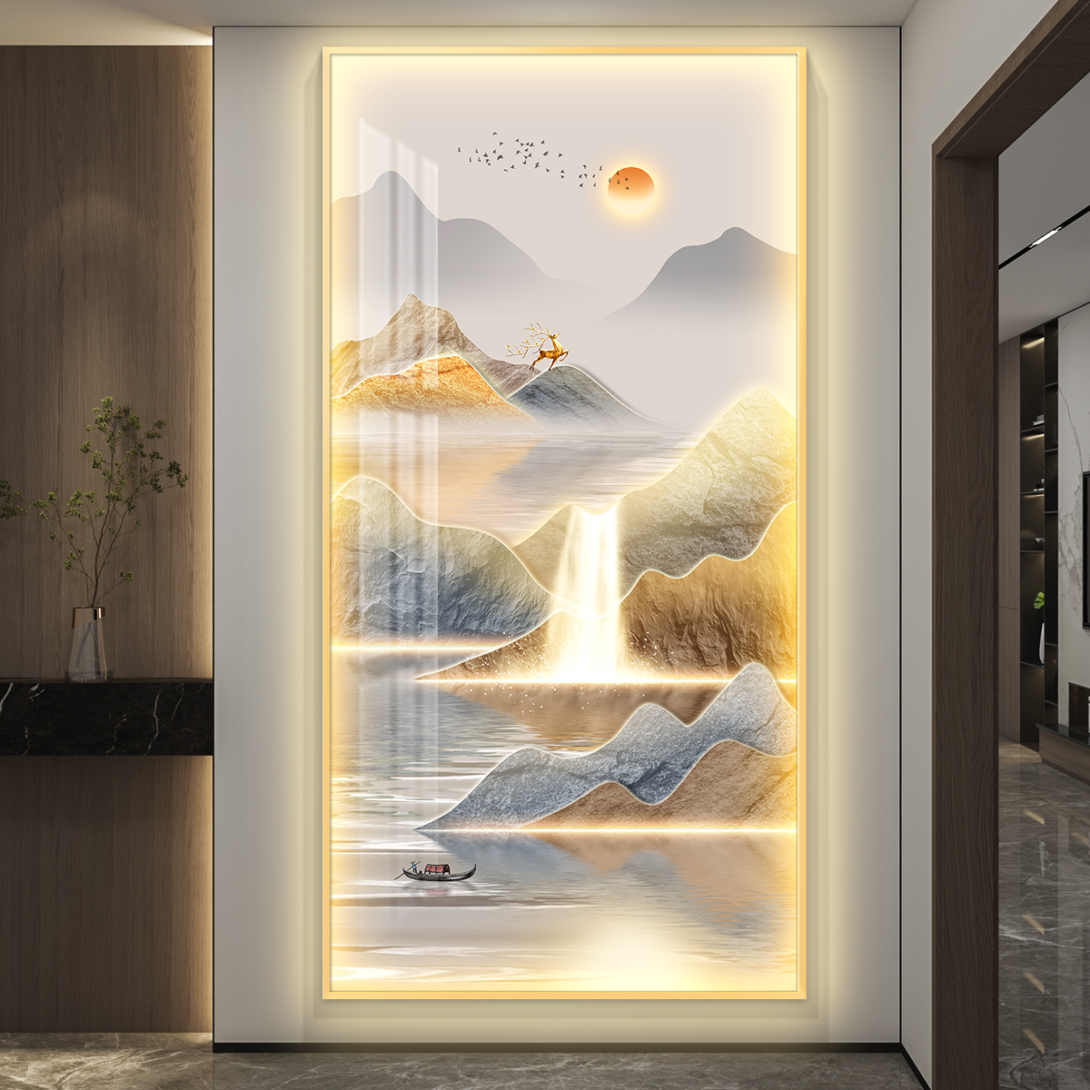 轻奢带灯入户玄关装饰画走廊过道挂画壁画简约现代高档山水画
