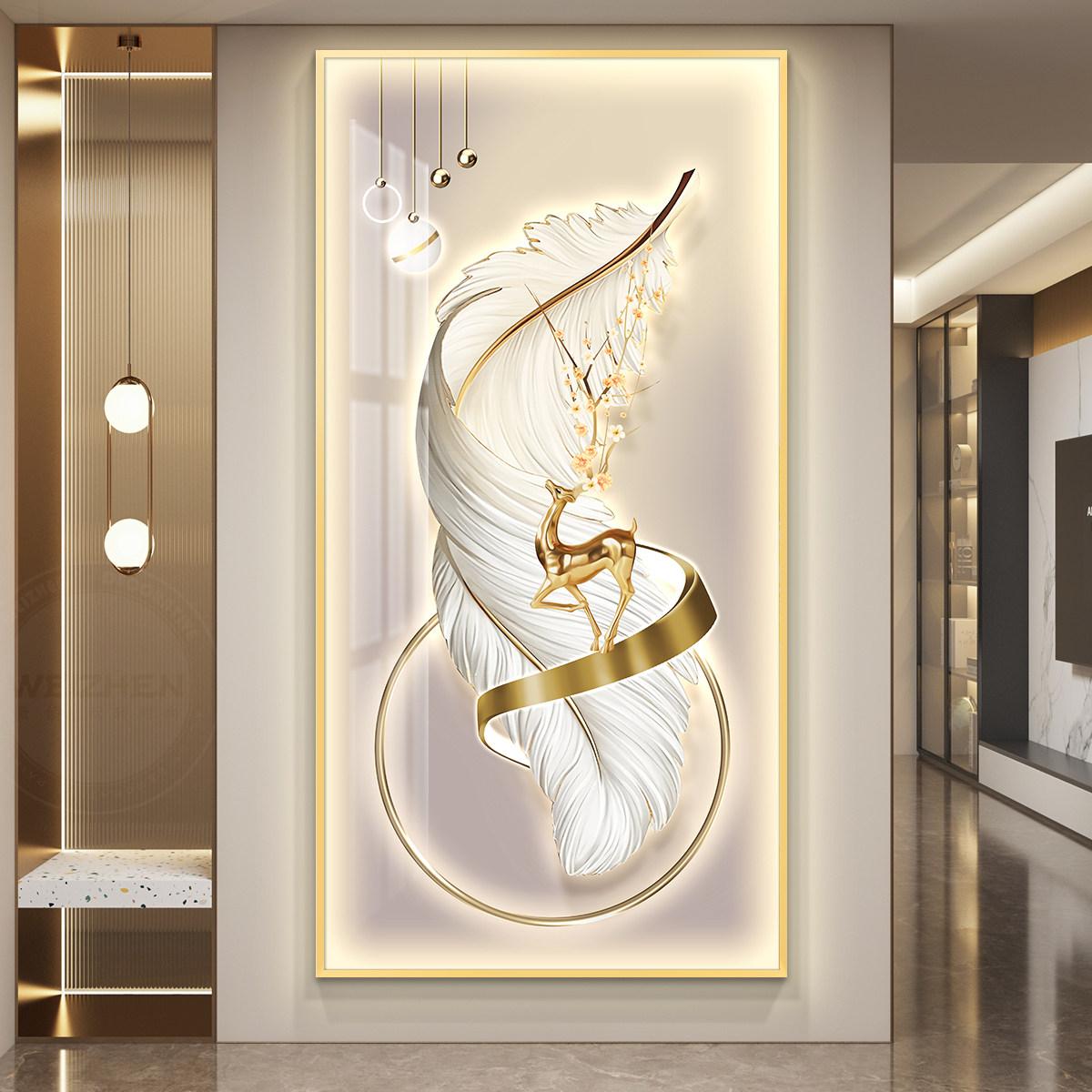 羽毛轻奢led带灯入户玄关装饰画 画走廊过道挂画 画壁画 画简约现