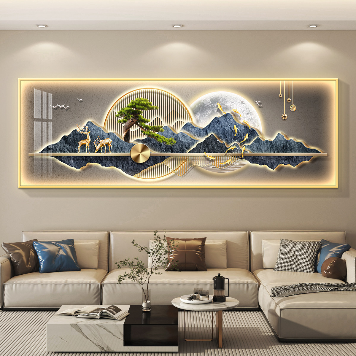 迎客松led带灯轻奢客厅装饰画沙发背景墙挂画壁画简约现代高级感