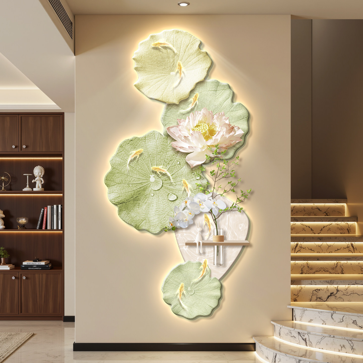 九鱼图轻奢led灯入户玄关装饰画走廊过道挂画壁画简约现代高级感