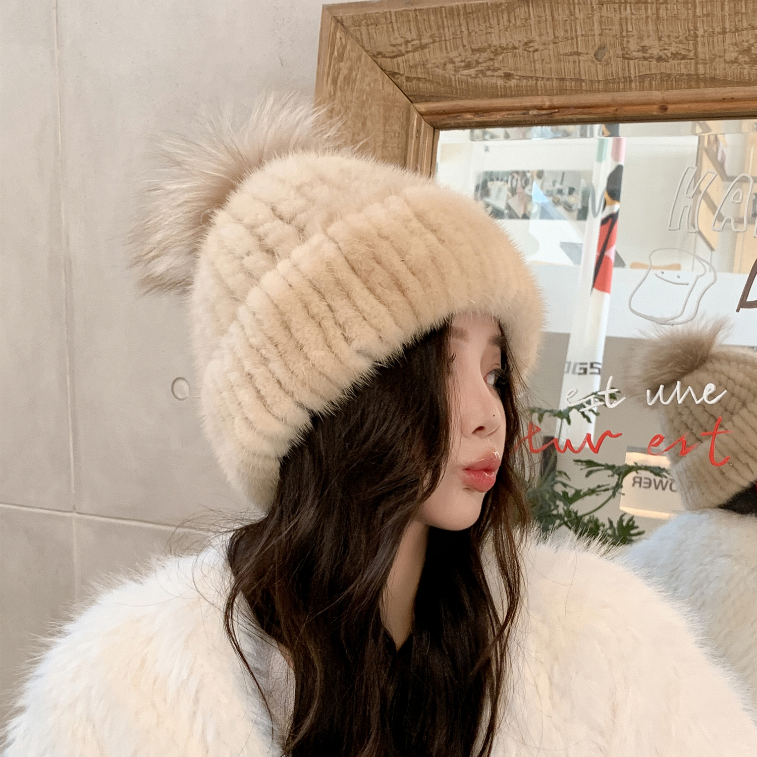 水貂狐狸毛球保暖皮毛帽子