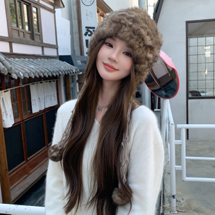 纯手工编织皮草帽子包头帽高级感真兔毛女帽冬季保暖大头显脸小