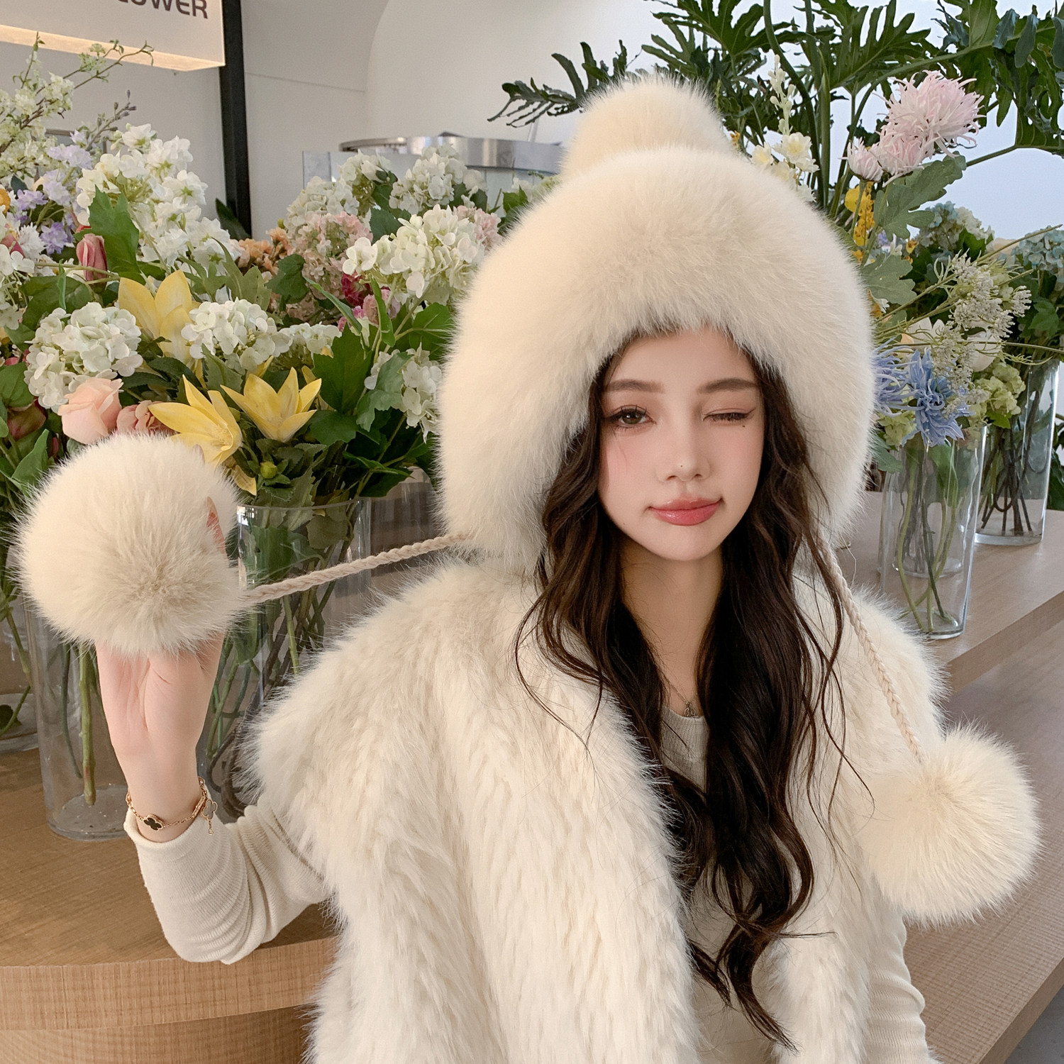 可爱真毛球球风雪帽新款冬季保暖水貂毛编织狐狸毛护耳皮草帽子女