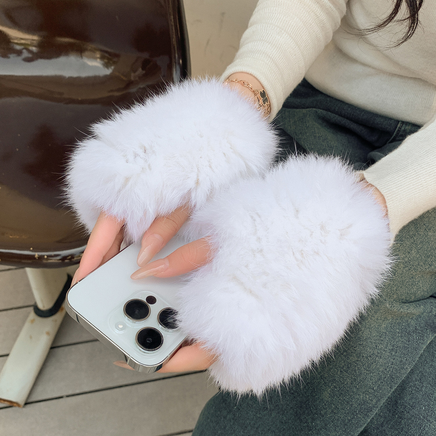 黎宿ins冬真兔毛手腕皮草手套可爱毛绒加厚保暖半指手套弹力男女