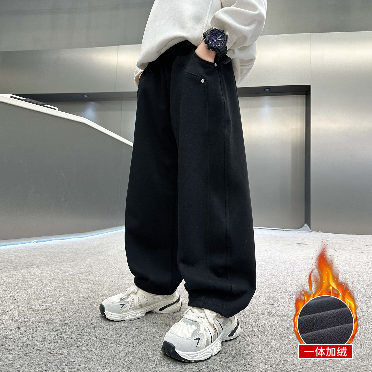 男童运动裤春秋冬加绒裤子一体绒