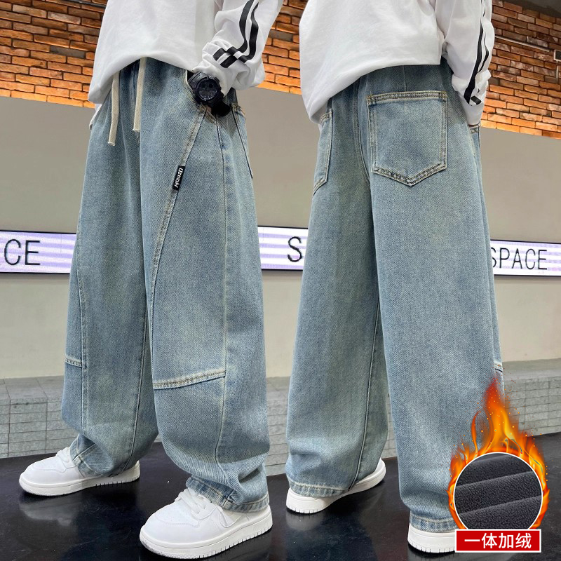 男童加绒加厚裤子秋冬弯刀牛仔裤