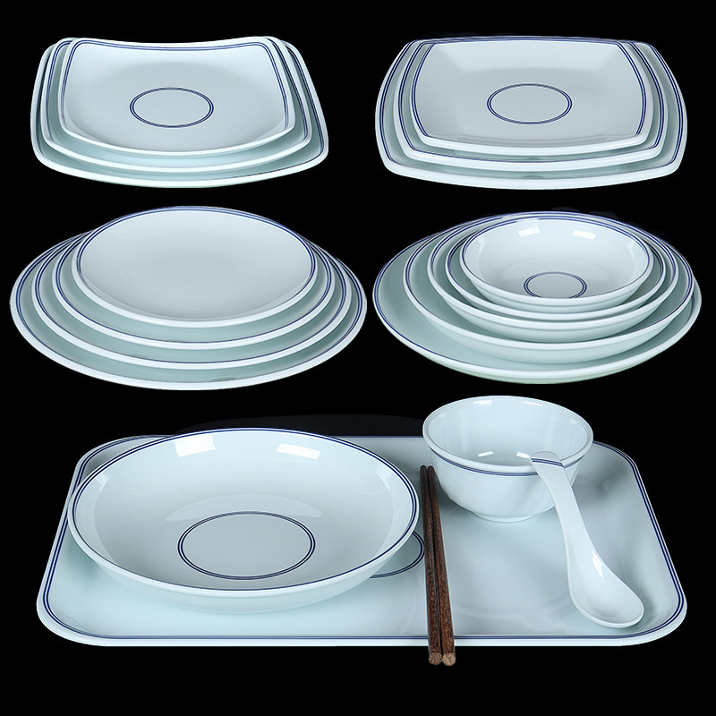 菜盘密胺仿瓷大众圆形蓝线耐摔盘