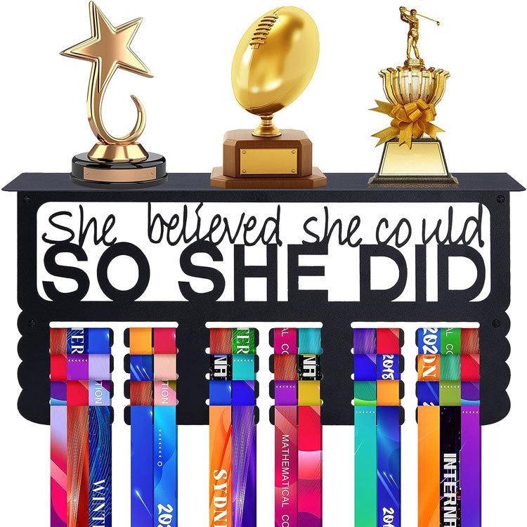 跨境金属奖牌挂钩奖杯展示架奖牌收纳挂架铁艺置物架来图制作黑色