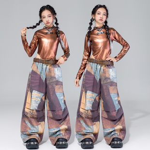 儿童爵士舞服装 潮酷棕色亮皮时髦女童舞蹈服jazz女孩街舞潮服套装