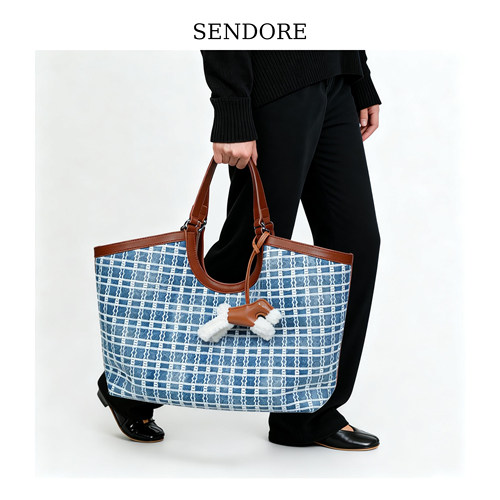 SENDORE森岛/托特包 潮流时尚女款通勤托特包绣花牛仔蓝