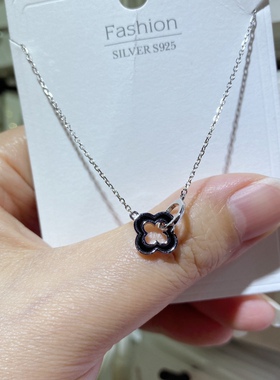 s925通体纯银黑色四叶草双环套环气质休闲百搭项链简约设计感颈链