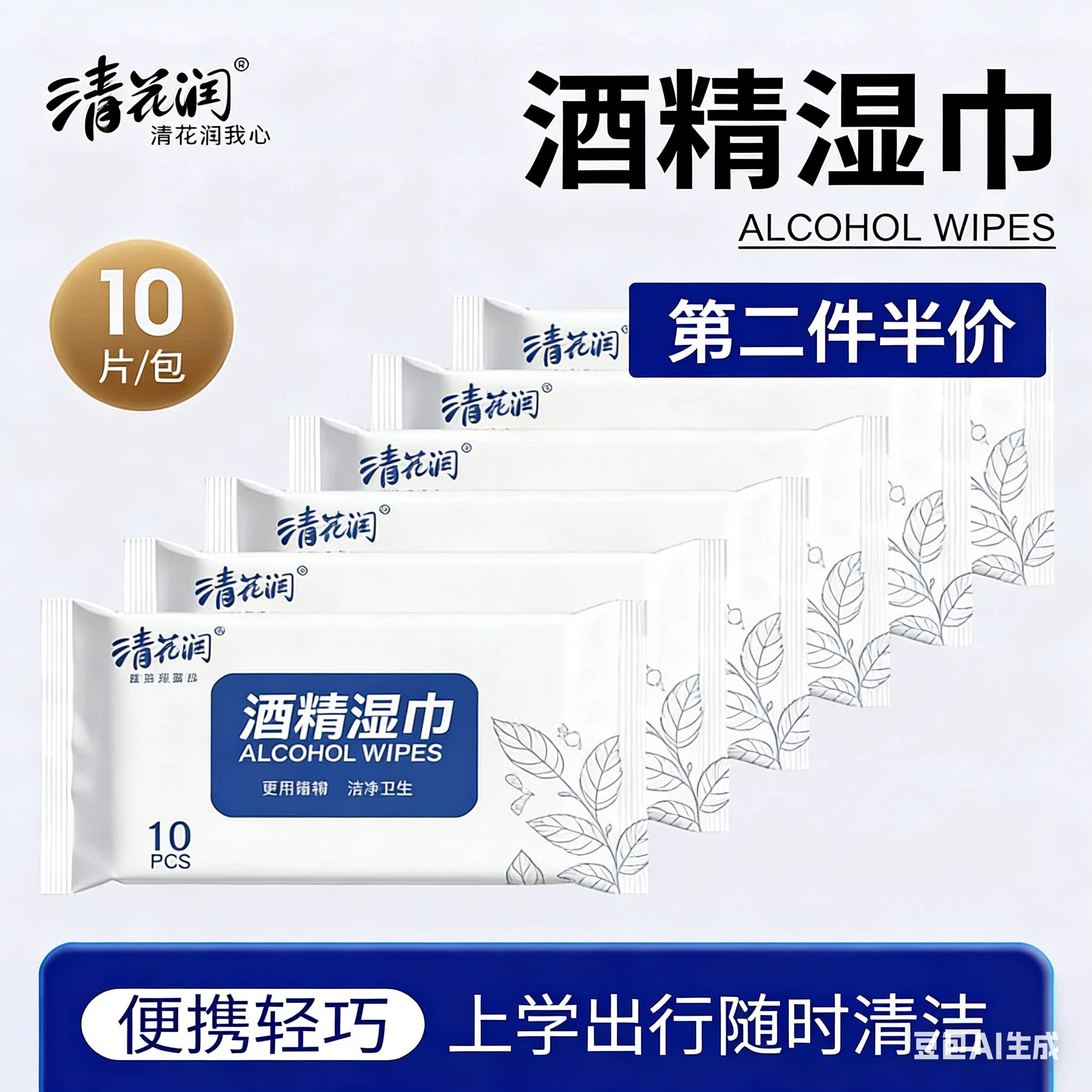 清花润清花酒精湿巾10片装便携小包擦手湿纸巾办公家用清洁用品