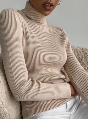 高领毛衣针织打底衫欧美2025亚马逊秋装针织衫高领套头毛衣女