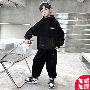 运动童装加绒新款套装2025运动衫男童加厚套装连帽两件潮大秋冬装