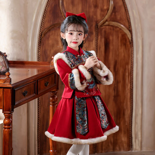 冬装新款新拜年服女童国风中式新年洋装裙子装加绒旗袍裙小女孩
