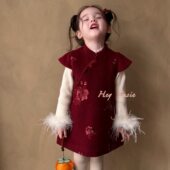 新套装 宝宝洋装 女秋冬洋派中式 加绒2025新款 套装 女童加厚旗袍裙