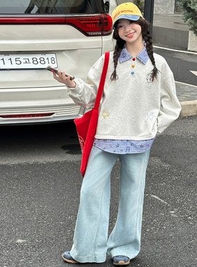 POLO2026套装春秋新款两件套洋气中大童女童牛仔裤儿童衫卫衣春款