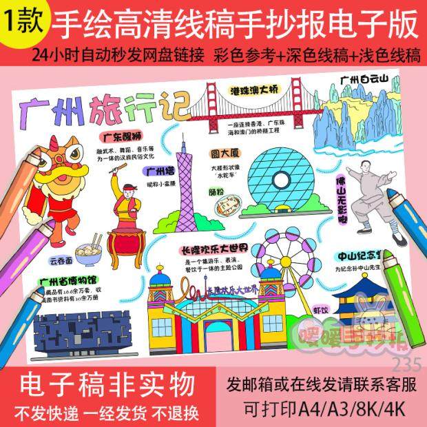 广州旅行记手抄报模板电子版快乐暑假印象广州旅游小报儿童画235