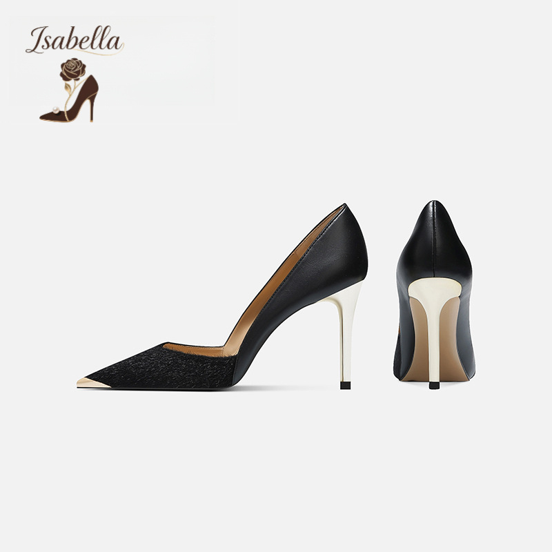 Isabella新款马毛拼接细跟尖头高
