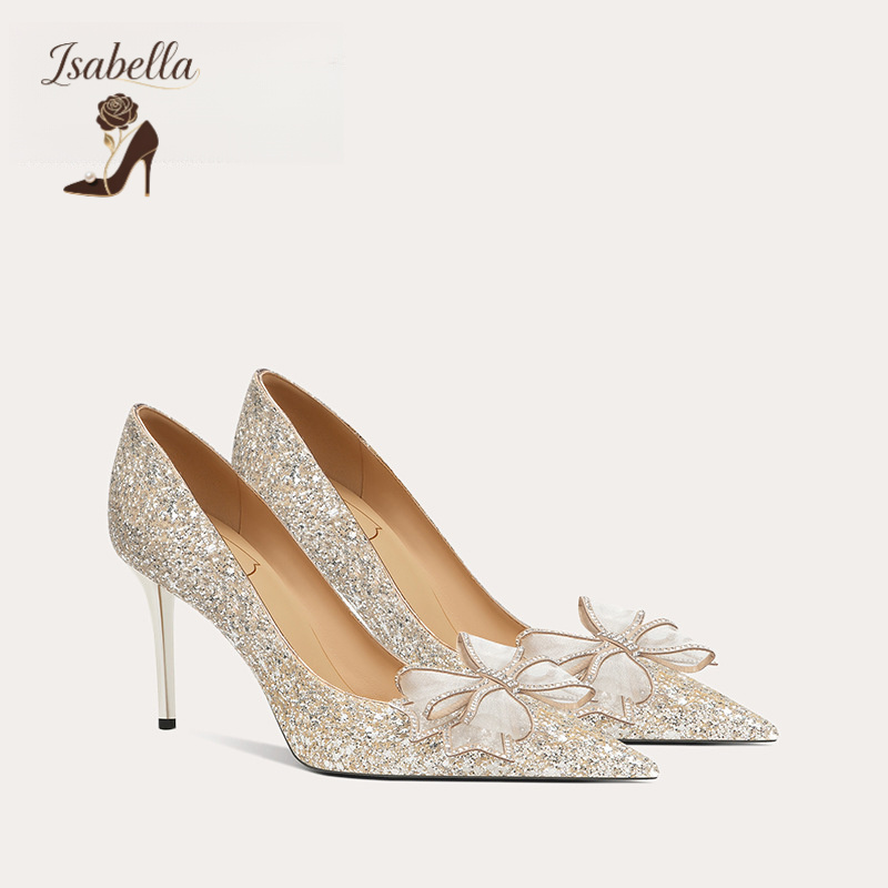 Isabella订婚鞋金色蝴蝶结高跟鞋
