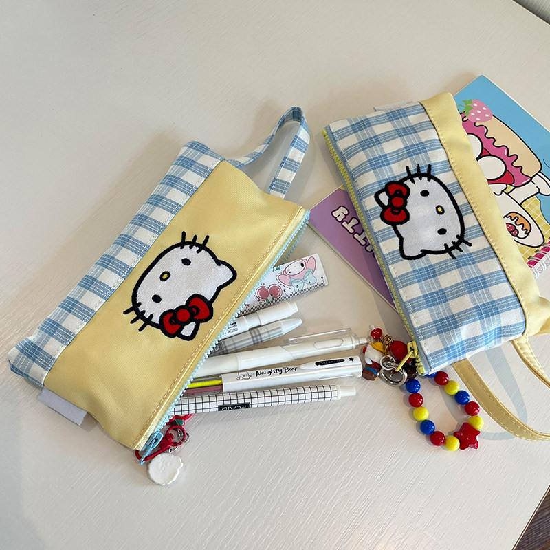 可爱KT猫格纹帆布笔袋大容量拉链文具收纳袋女生零钱包文具盒,文具电教/文化用品/商务用品,笔袋,淘宝优惠券,粉丝福利购,淘宝优惠卷
