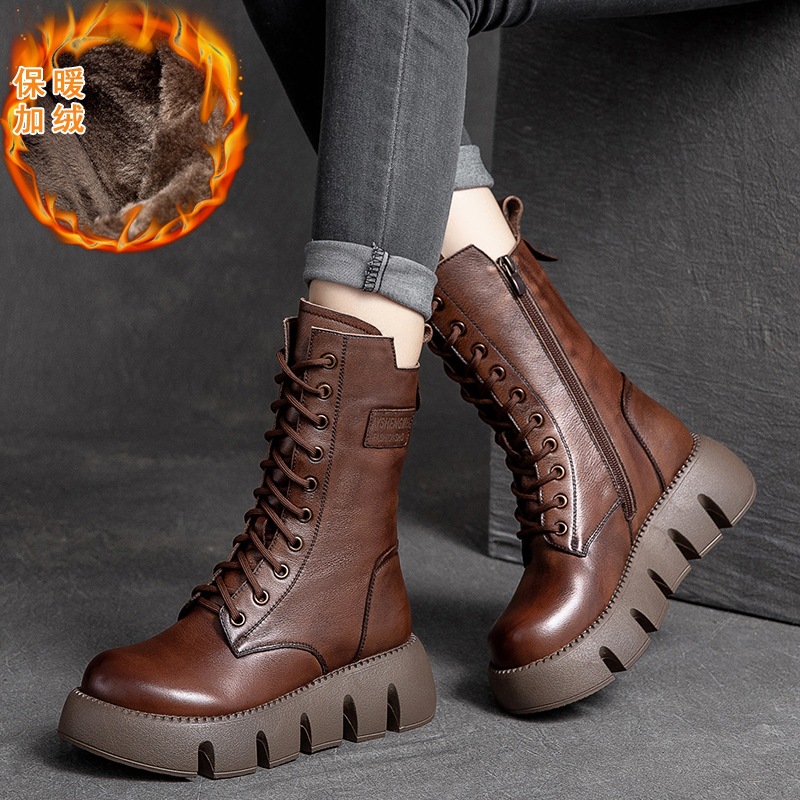 冬季新款高帮马丁牛皮厚底圆头松糕鞋潮加绒棉鞋加厚舒适中筒短靴