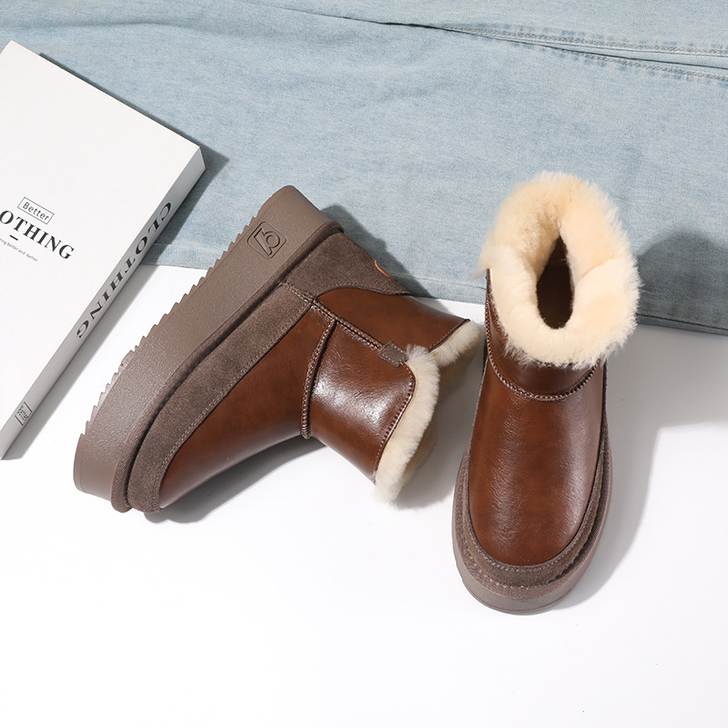 真皮雪地靴女2025冬季厚底羊毛一体短靴加绒加厚保暖大棉鞋女冬季