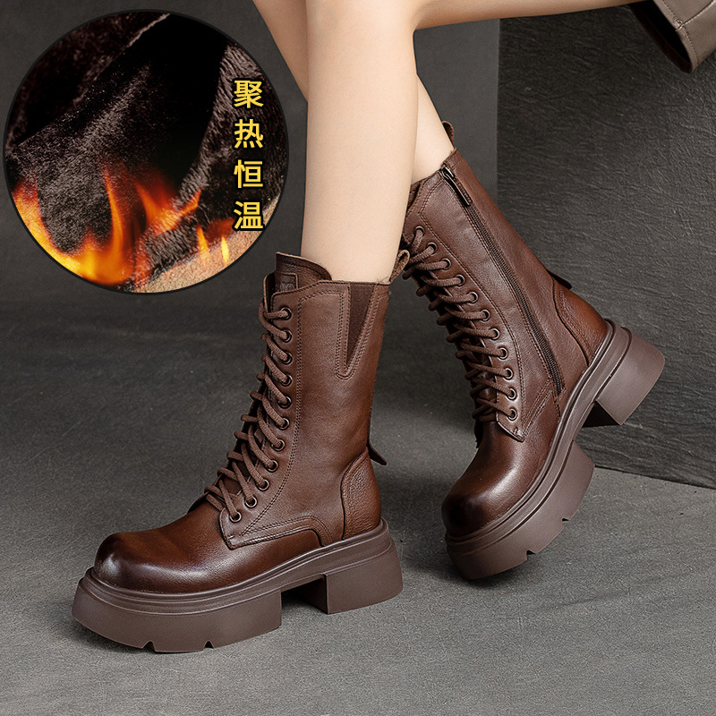 冬季新款加绒保暖中筒雪地靴头层牛皮厚底马丁靴时尚女鞋复古棉靴