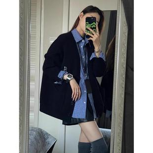 春秋新款慵懒风口袋V领针织开衫毛衣显瘦宽松叠穿格子衬衫两件套