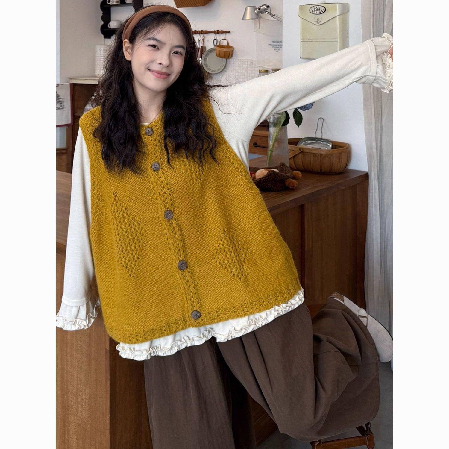 秋季叠穿针织单排扣马甲两件套