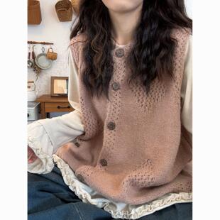 套装韩系复古秋季新款花边长袖T恤打底衫女钩花针织毛衣背心马甲