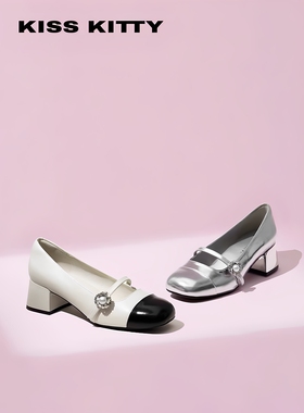 KISSKITTY春秋牛皮方头珍珠一字扣粗高跟玛丽珍单鞋女SA65109-81
