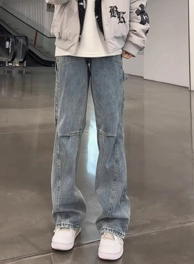 复古蓝美式斜切微喇牛仔裤男款春秋显瘦裤子绑带设计感弯刀工装裤