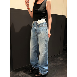 外贸M@小众设计感翻腰双腰头高腰宽松休闲直筒做旧牛仔裤 长裤