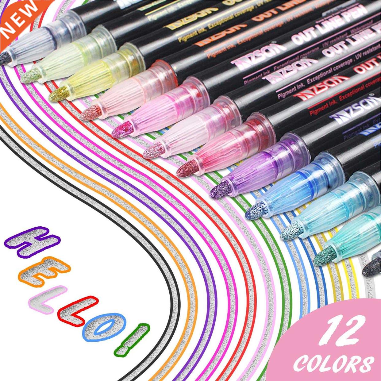 ?12 Colors Metallic Glitter Colorful Color Outline Marker Ka