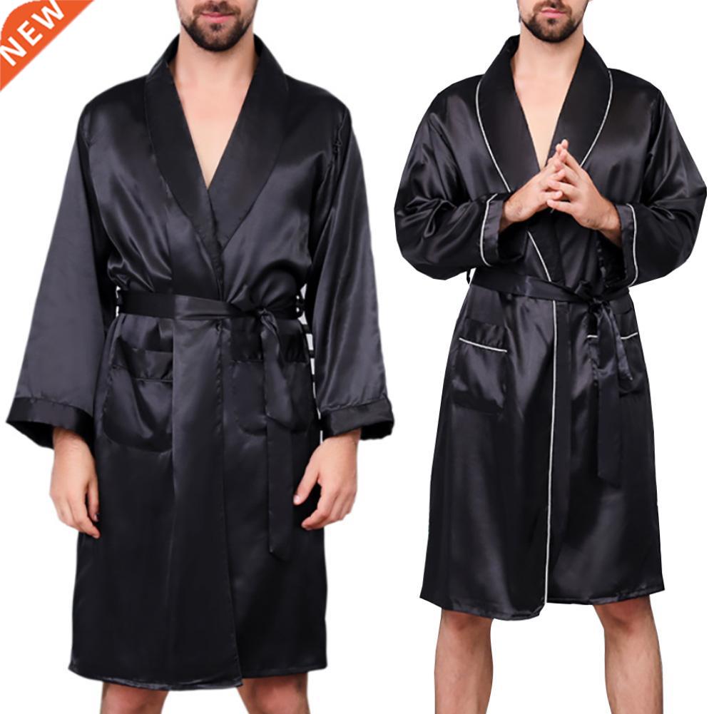 2020 New Black Bathrobe Men Sleepwear Imitation Silk Long Sl