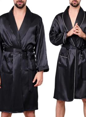 2020 New Black Bathrobe Men Sleepwear Imitation Silk Long Sl
