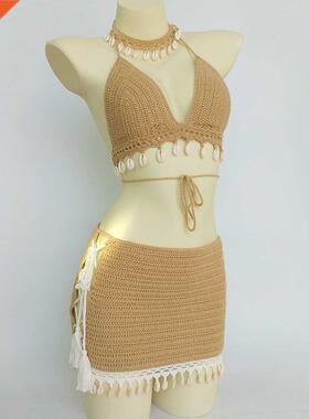 3pcs Bikini Set Woman Crochet Shell Tassel Bikini Top And Se