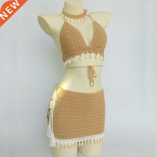 Woman Crochet And Bikini Top Set Tassel 3pcs Shell