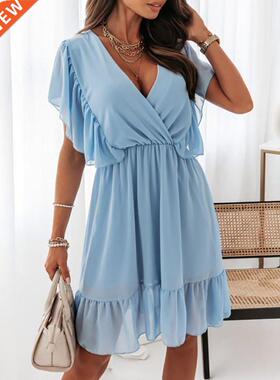 Elegant Lace Mesh Ruffle Sve Mini Dress Women 2022 Solid