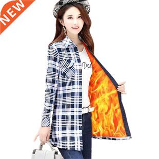 Plaid Sleev Warm Full Female Shirt Long Women Thick Velvet