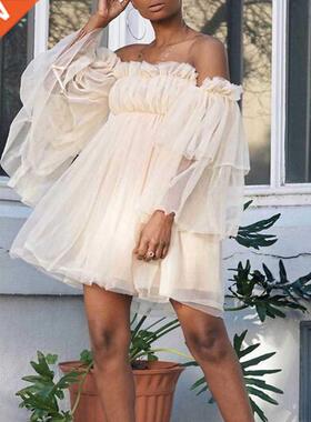 2021 Autumn Long Sleeve Pleated Loose Dress Women Spring Off