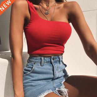 Women Lady Female One Shoulder Crop Tops Sleeveless Shirts S
