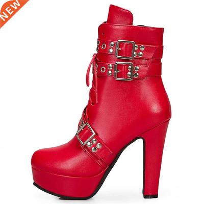 Red Yellow White Women Ankle Boots Platform Lace Up High Hee