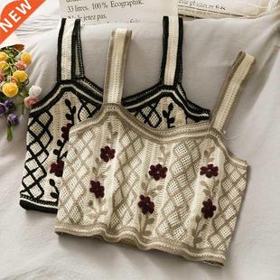 Spaghetti strap tanke top woman knitted crop off shoulder f