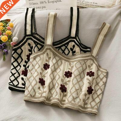 Spaghetti strap tanke top woman knitted crop off shoulder f