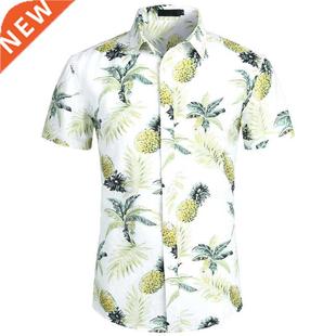 Summer New Men's Shirts for Men Clothing White Pineapple Sum