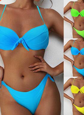 Halter Bikini Solid Color Swimsuit Women Bqiuini Bandage Bik