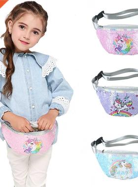 Cartoon Unicorn Waist Bag For Women/Girl Sequins Print Fashi