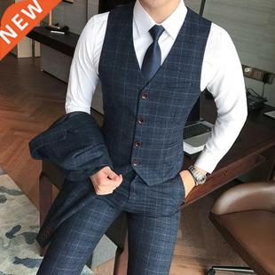 2piece Mens Groom Vest Wedd Formal Pants Plaid Fashion
